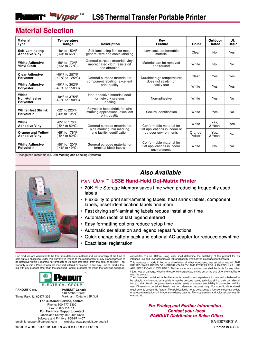 Panduit Material, Selection, LS6 Thermal Transfer Portable Printer, Also Available, PANDUIT Distributor or Sales Office 