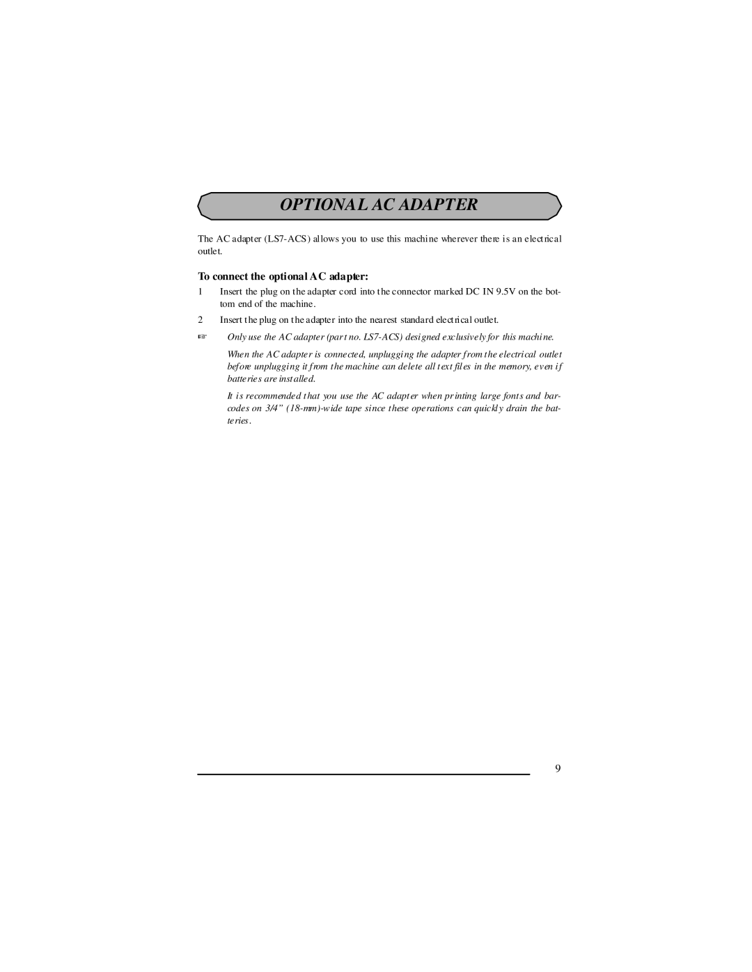 Panduit LS7 manual Optional AC Adapter, To connect the optional AC adapter 