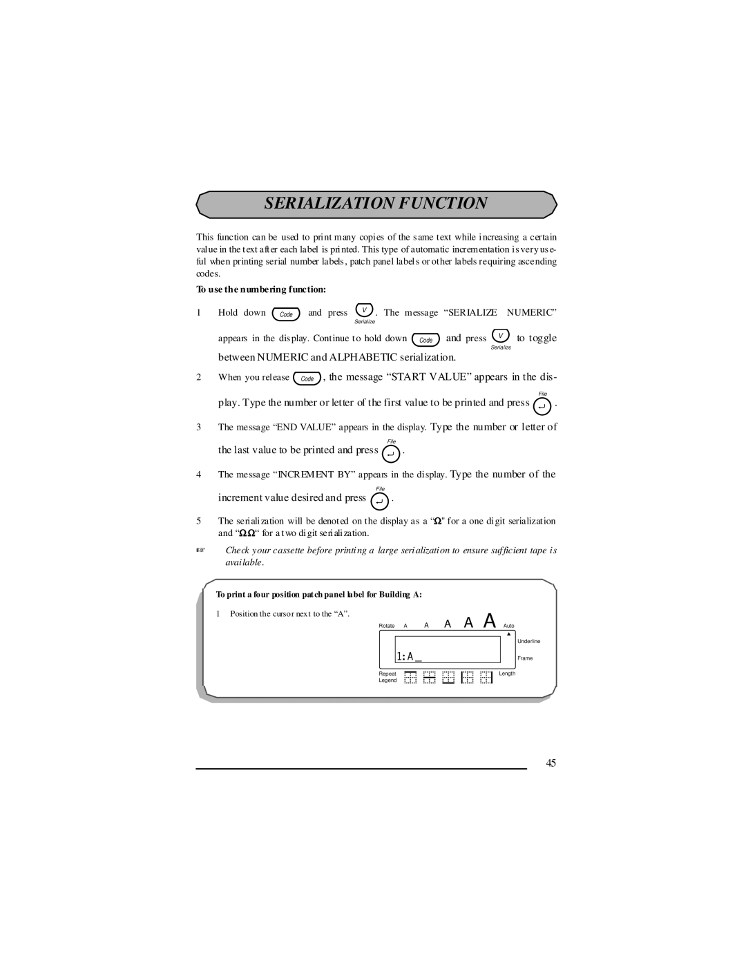 Panduit LS7 manual Serialization Function, To use the numbering function 