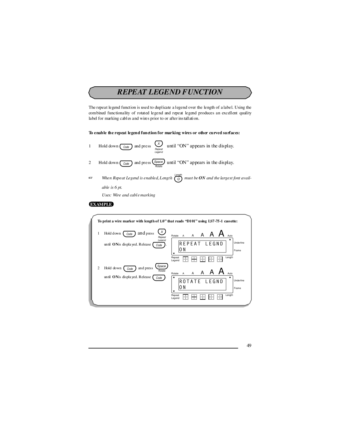 Panduit LS7 manual Repeat Legend Function, Repeat Legnd, Rotate Legnd 