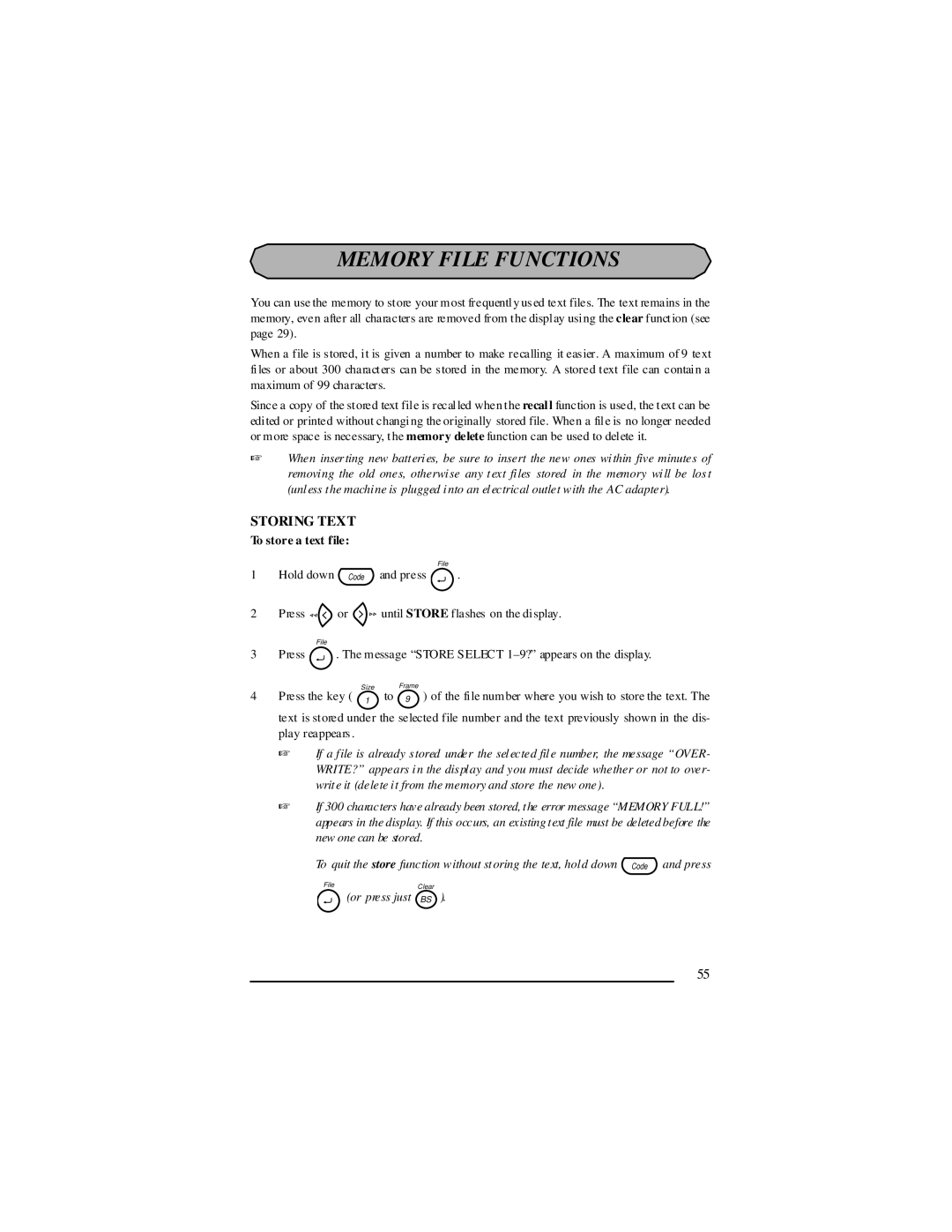 Panduit LS7 manual Memory File Functions, Storing Text, To store a text file 