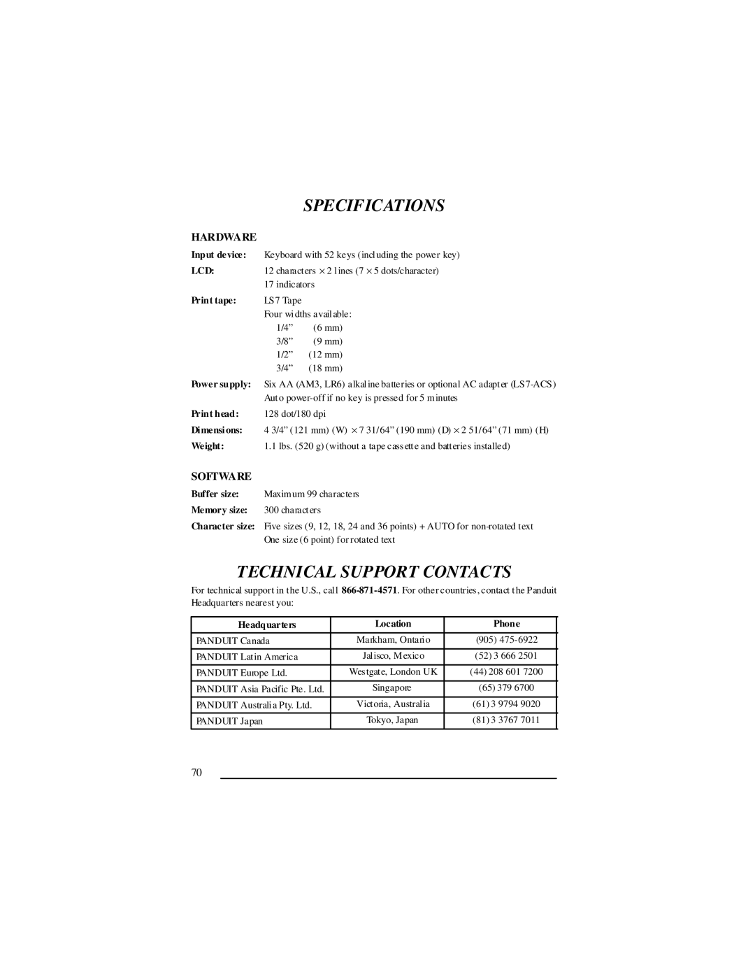 Panduit LS7 manual Technical Support Contacts, Hardware, Software, Lcd 