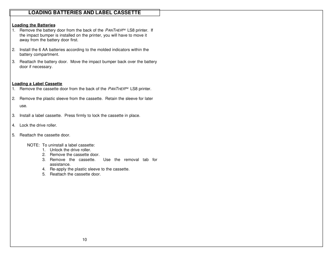 Panduit LS8 manual Loading Batteries and Label Cassette, Loading the Batteries, Loading a Label Cassette 