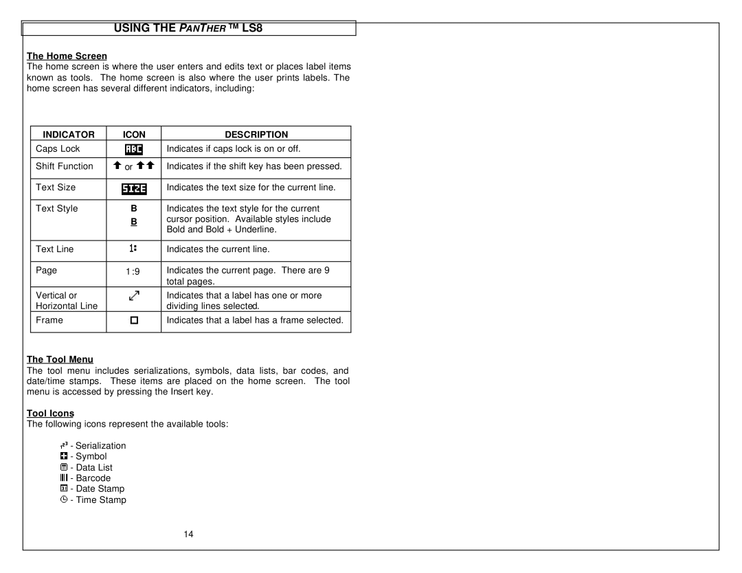 Panduit manual Using the Panther LS8, Home Screen, Tool Menu, Tool Icons 