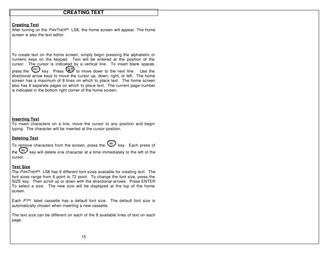 Panduit LS8 manual Creating Text, Inserting Text, Deleting Text, Text Size 