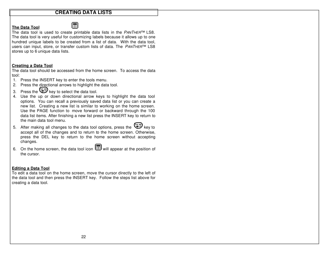 Panduit LS8 manual Creating Data Lists, Creating a Data Tool, Editing a Data Tool 