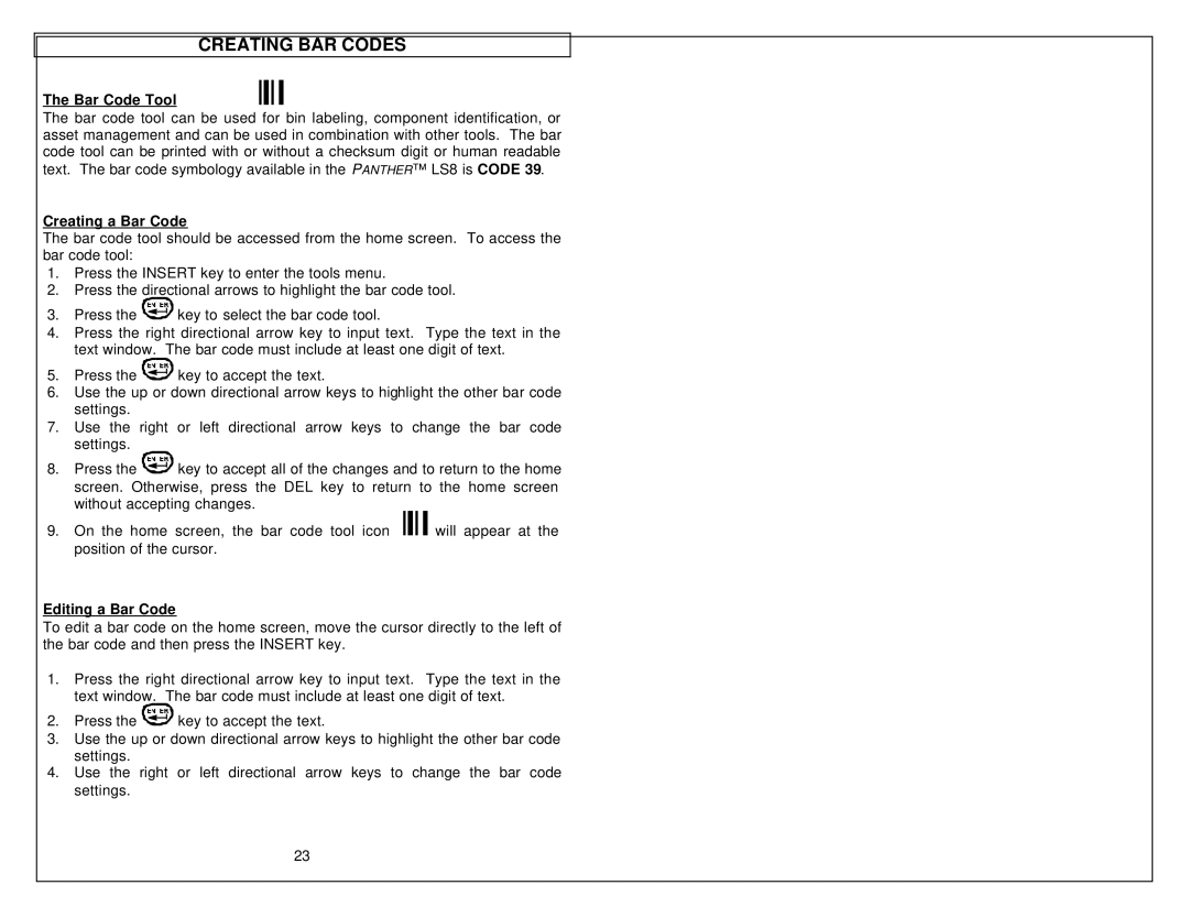 Panduit LS8 manual Creating BAR Codes, Bar Code Tool, Creating a Bar Code, Editing a Bar Code 