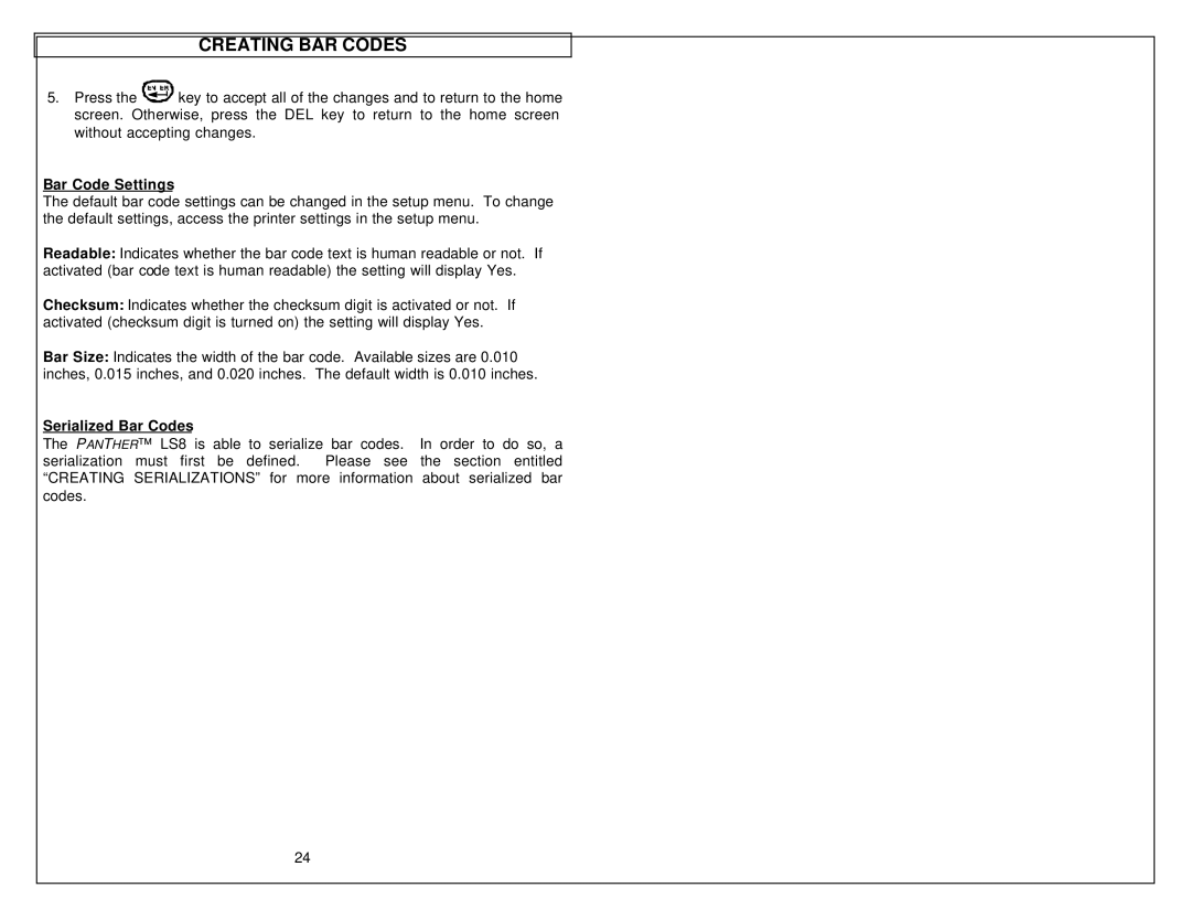 Panduit LS8 manual Bar Code Settings, Serialized Bar Codes 