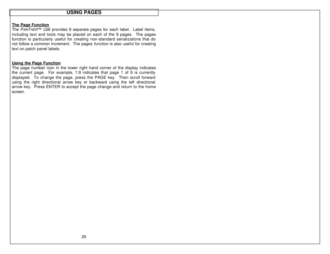 Panduit LS8 manual Using Pages, Using the Page Function 