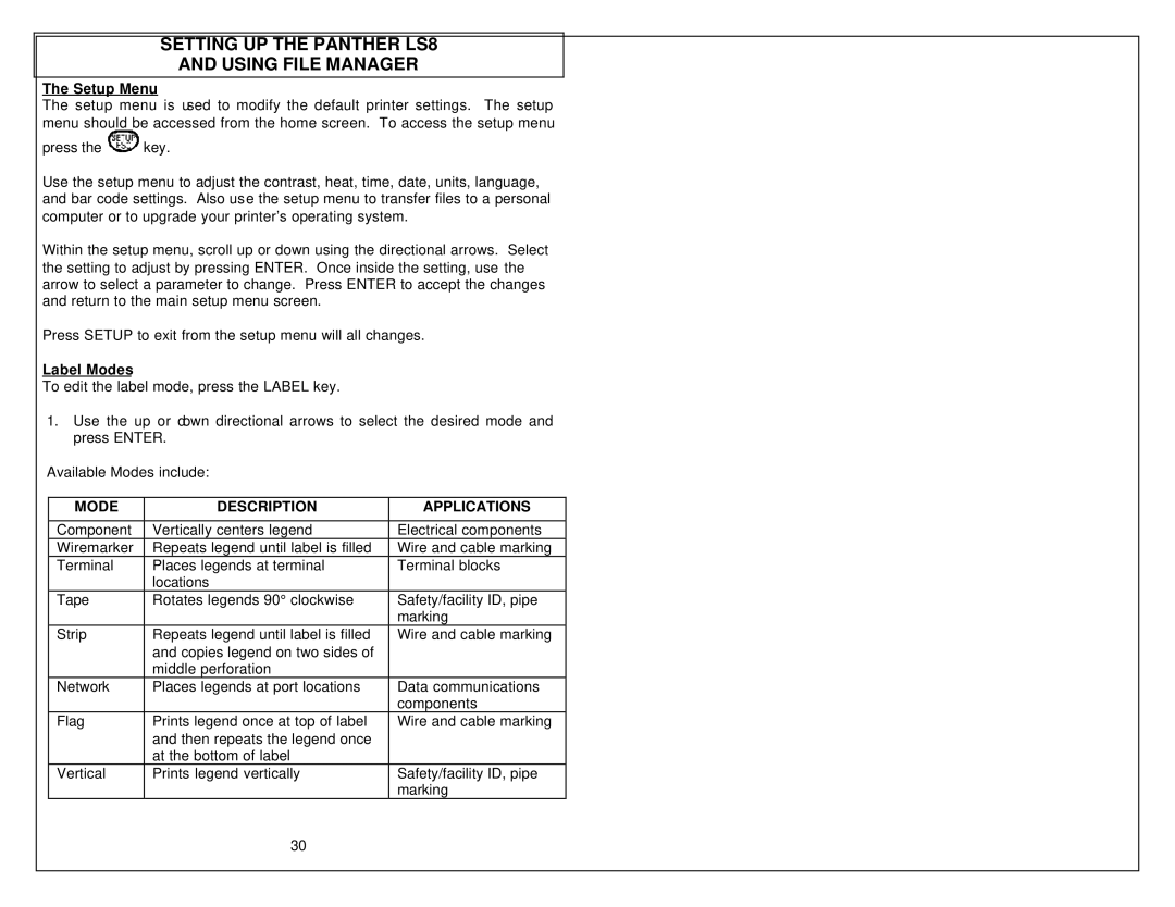 Panduit manual Setting UP the Panther LS8 Using File Manager, Setup Menu, Label Modes 