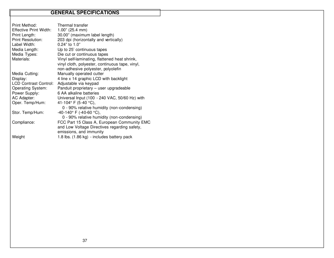 Panduit LS8 manual General Specifications 