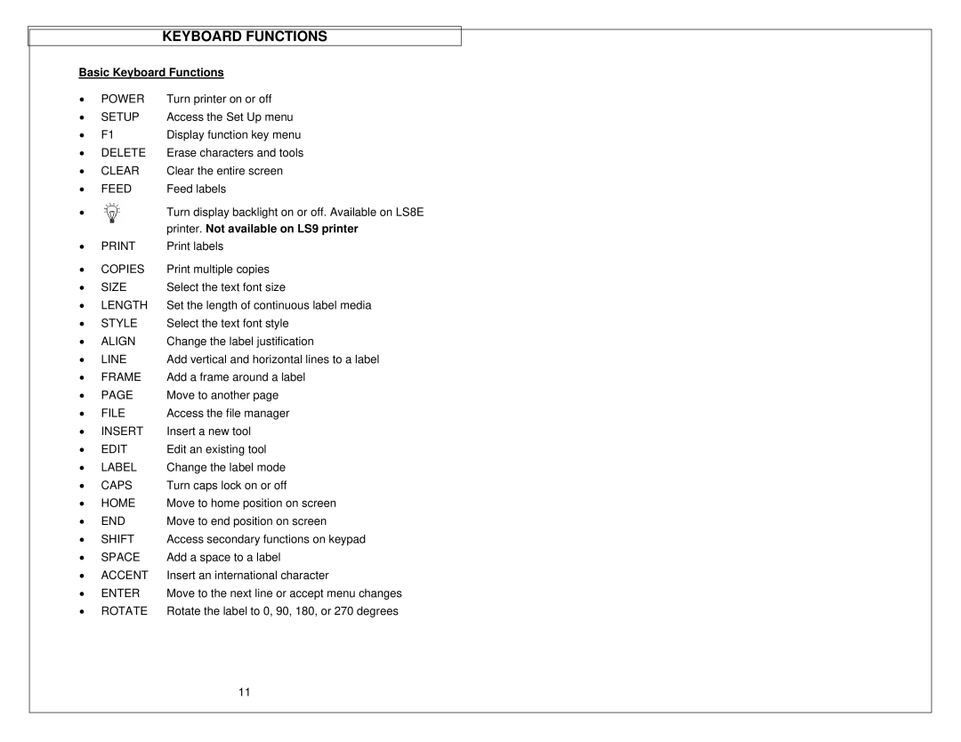 Panduit LS9 manual Basic Keyboard Functions, Feed 