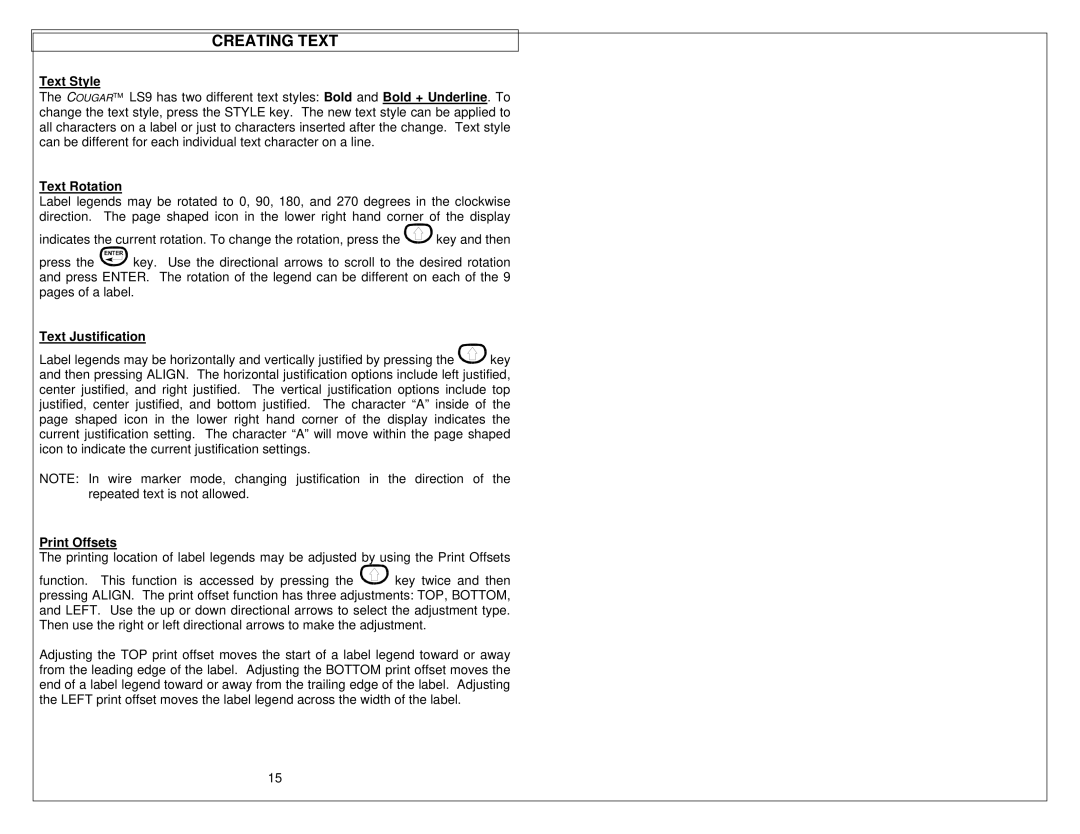 Panduit LS9 manual Text Style, Text Rotation, Text Justification, Print Offsets 