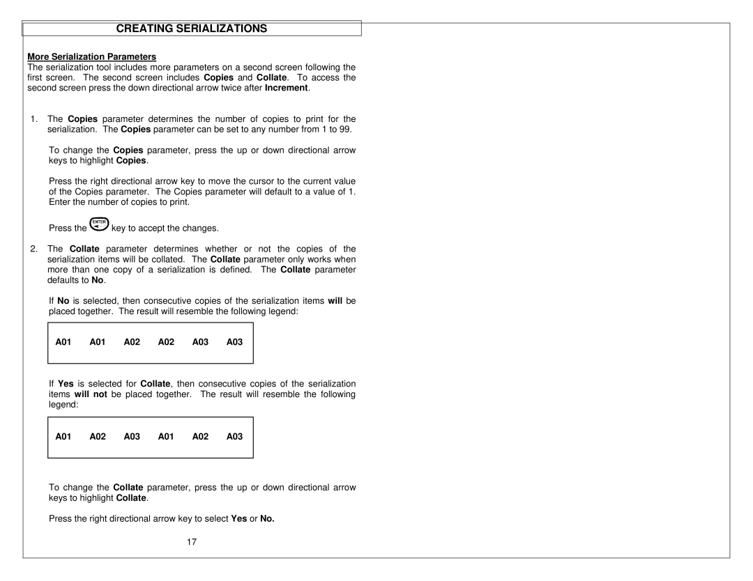 Panduit LS9 manual More Serialization Parameters, A01 A01 A02 A02 A03 A03, A01 A02 A03 