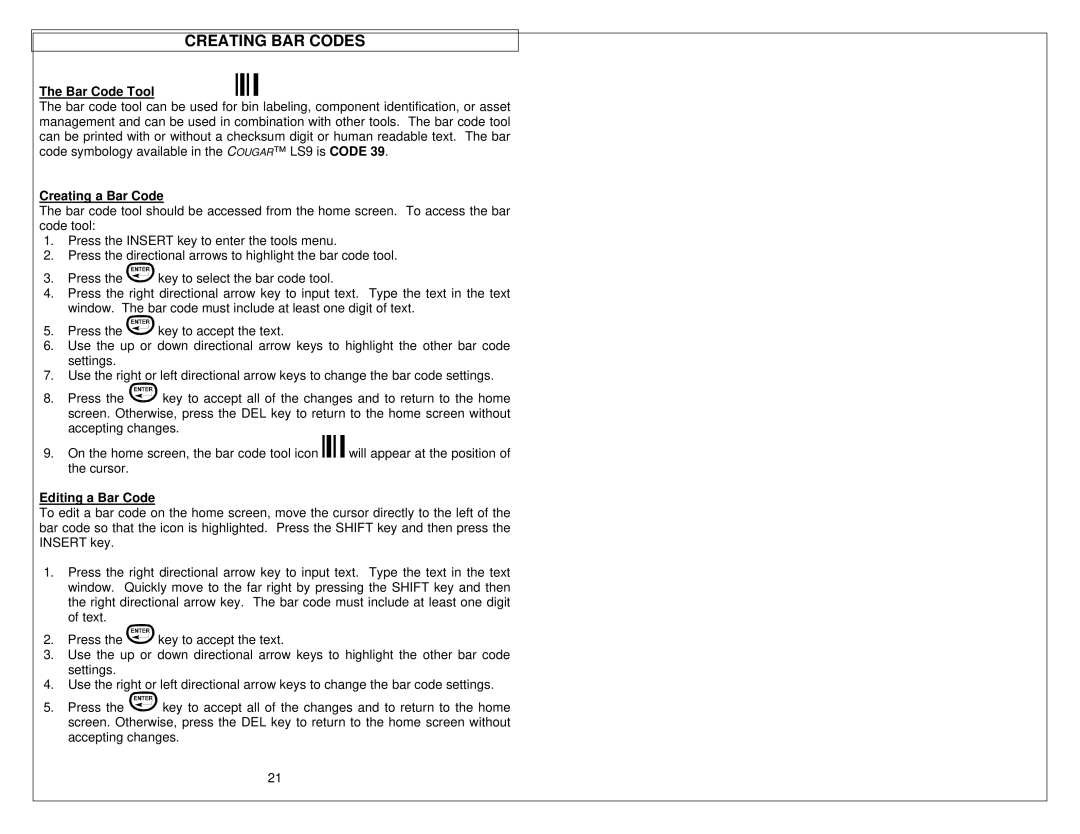 Panduit LS9 manual Creating BAR Codes, Bar Code Tool, Creating a Bar Code, Editing a Bar Code 