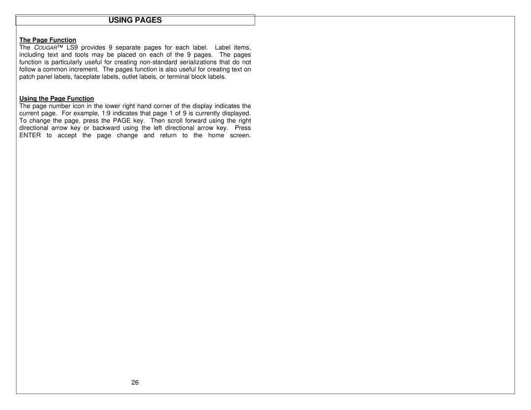 Panduit LS9 manual Using Pages, Using the Page Function 