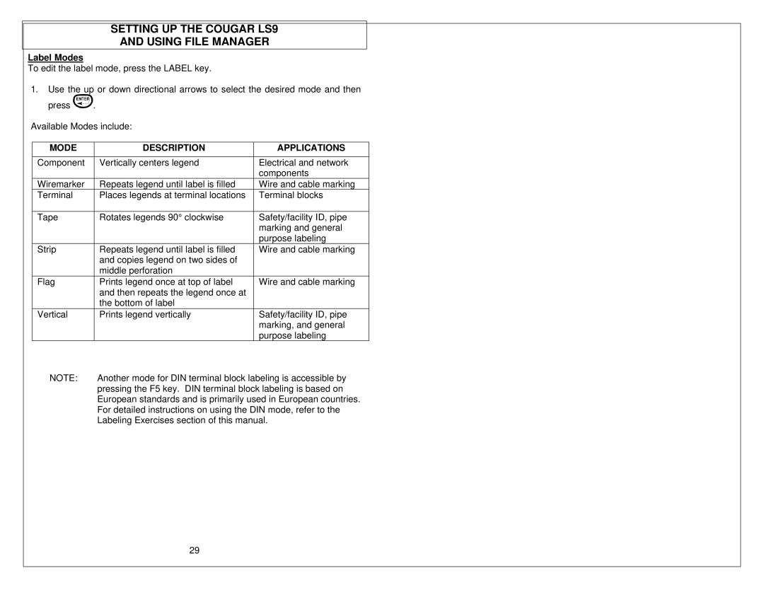 Panduit LS9 manual Label Modes, Mode Description Applications 