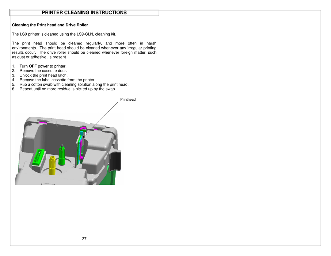 Panduit LS9 manual Printer Cleaning Instructions, Cleaning the Print head and Drive Roller 