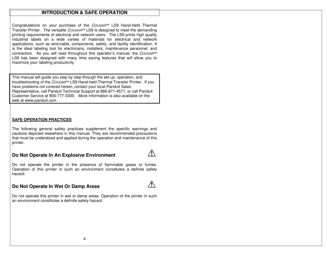 Panduit LS9 manual Introduction & Safe Operation, Safe Operation Practices 