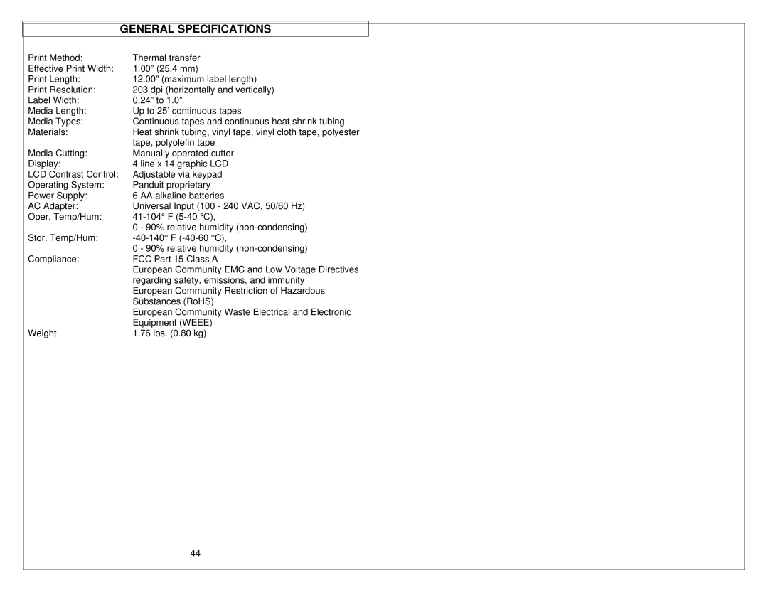 Panduit LS9 manual General Specifications 