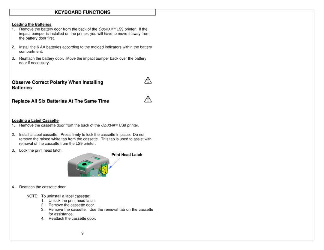 Panduit LS9 manual Keyboard Functions, Loading the Batteries, Loading a Label Cassette, Print Head Latch 