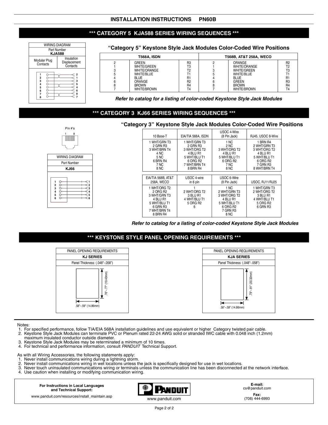 Panduit Model PN60B Category 5 KJA588 Series Wiring Sequences, Category 3 KJ66 Series Wiring Sequences 