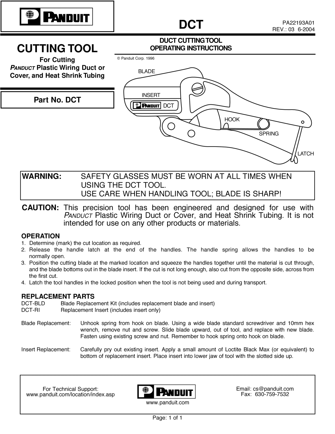 Panduit PA22193A01 manual Dct, Cutting Tool, Part No. DCT, USE Care When Handling Tool Blade is Sharp 