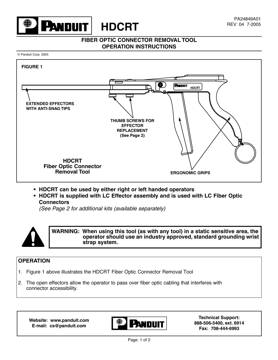 Panduit PA24849A01 manual Hdcrt, Fiber Optic Connector Removal Tool Operation Instructions 