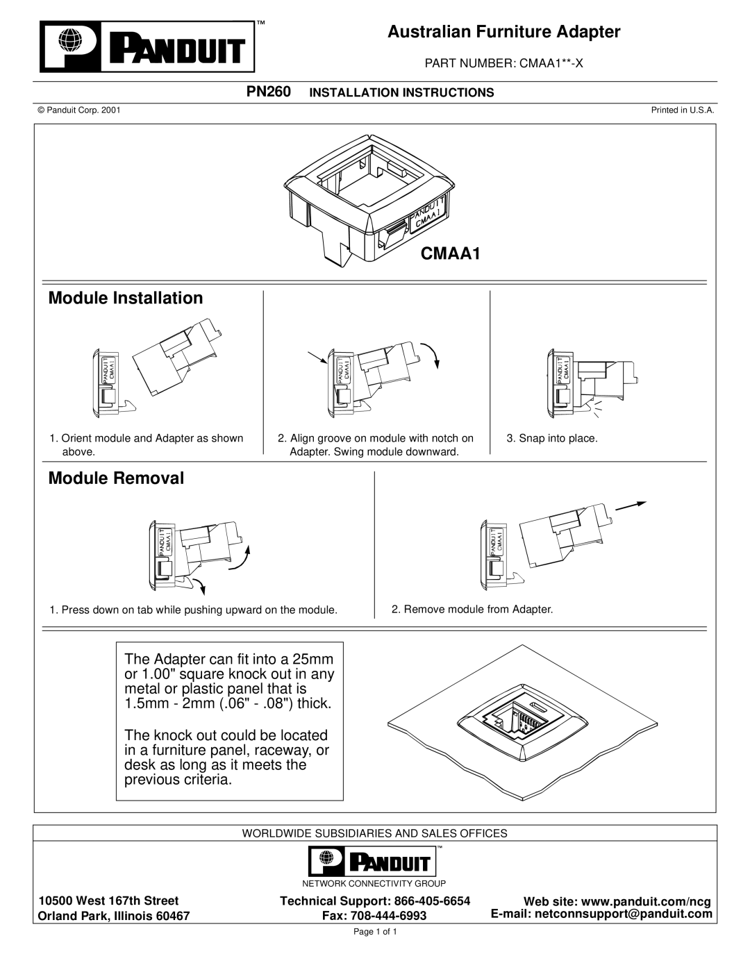 Panduit PN260 installation instructions Australian Furniture Adapter, CMAA1, Module Installation, Module Removal 