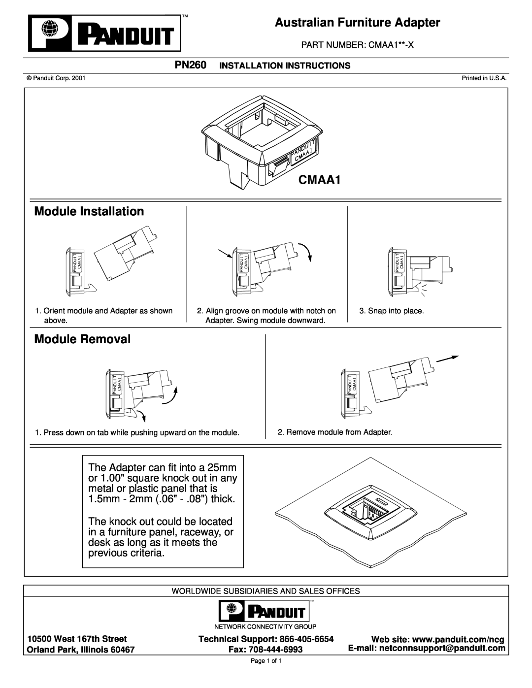 Panduit PN260 installation instructions Australian Furniture Adapter, CMAA1 Module Installation, Module Removal 