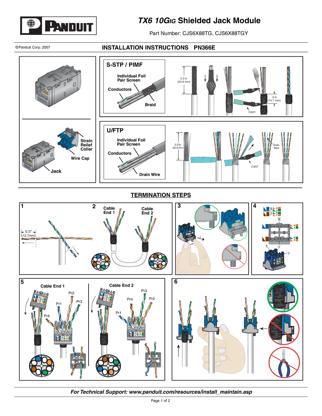 Panduit PN366E installation instructions TX6 10G IG Shielded Jack Module, Installation Instructions, STP / Pimf, Ftp 