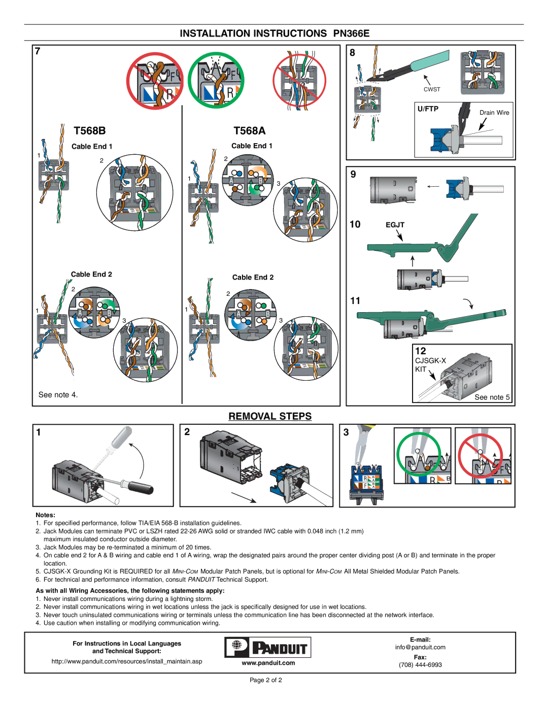 Panduit installation instructions T568B T568A, Installation Instructions PN366E, Removal Steps 