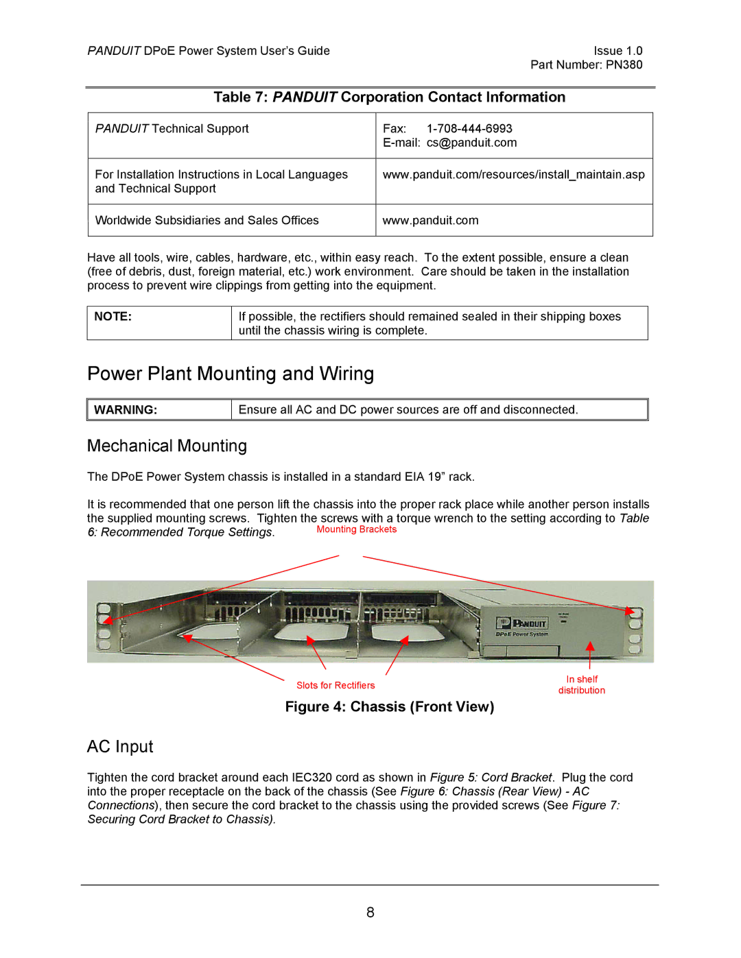 Panduit PN380 Power Plant Mounting and Wiring, Mechanical Mounting, AC Input, Panduit Corporation Contact Information 