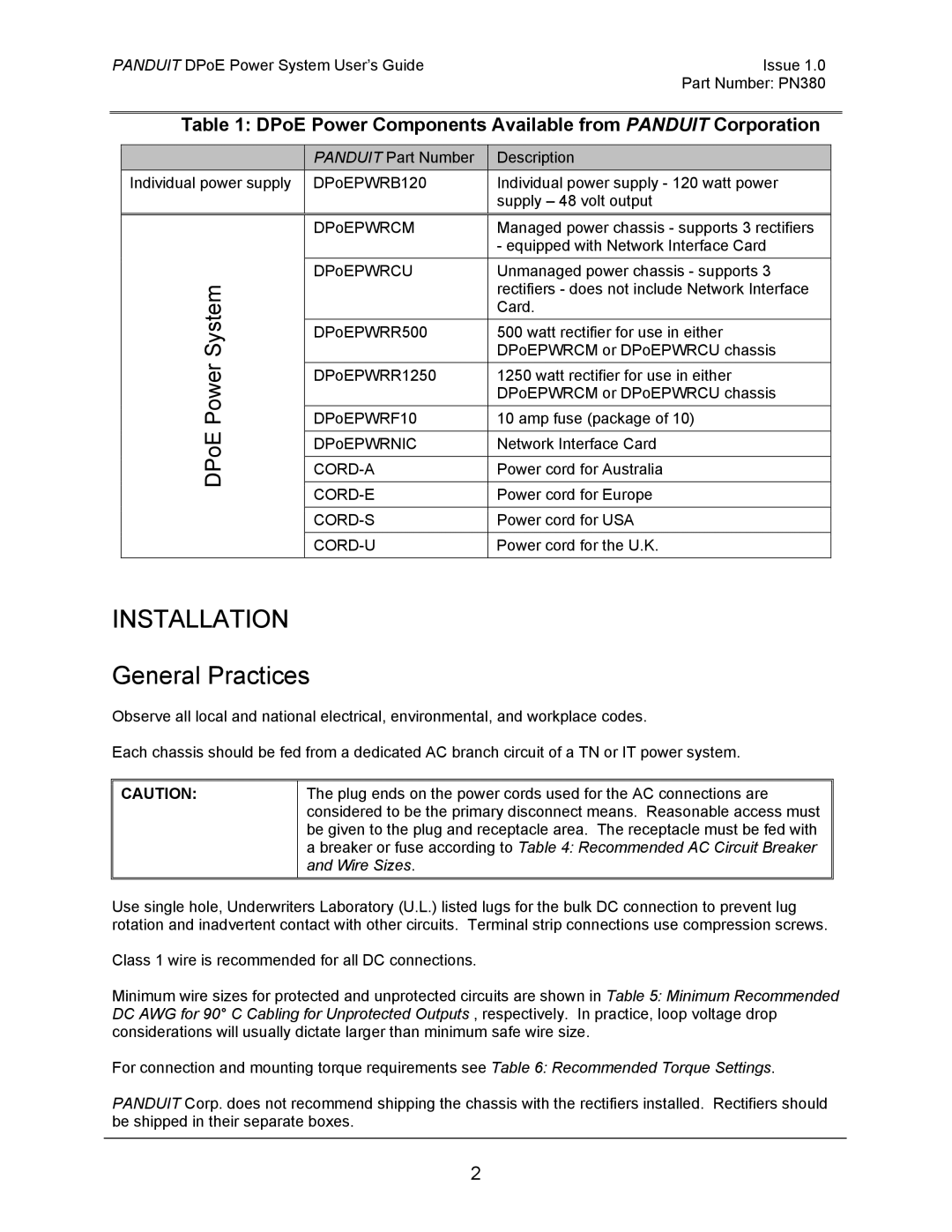 Panduit PN380 manual General Practices, DPoE Power Components Available from Panduit Corporation 