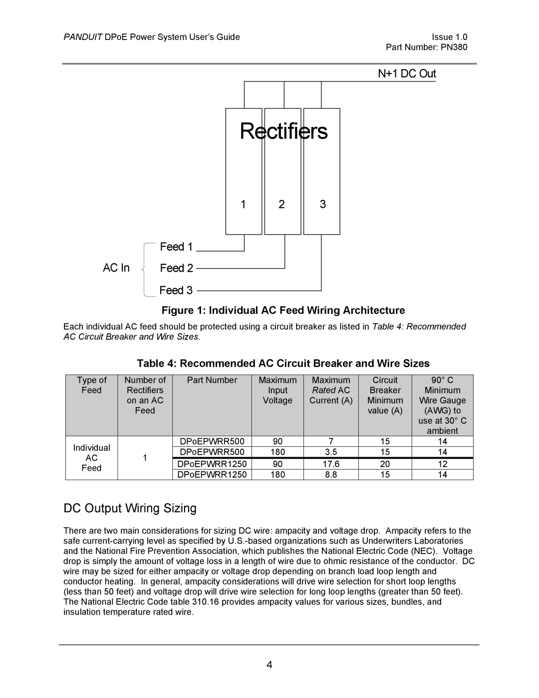 Panduit PN380 manual DC Output Wiring Sizing, Recommended AC Circuit Breaker and Wire Sizes 