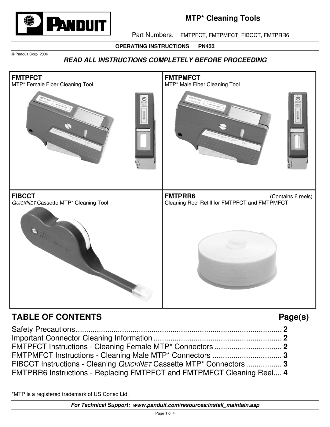 Panduit PN433 manual Table of Contents 