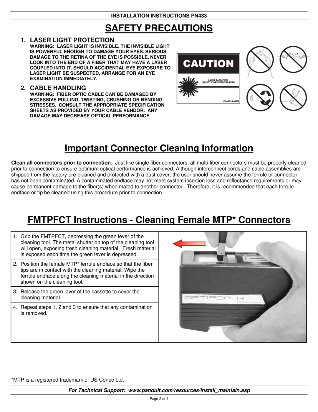 Panduit PN433 manual Important Connector Cleaning Information, Fmtpfct Instructions Cleaning Female MTP* Connectors 