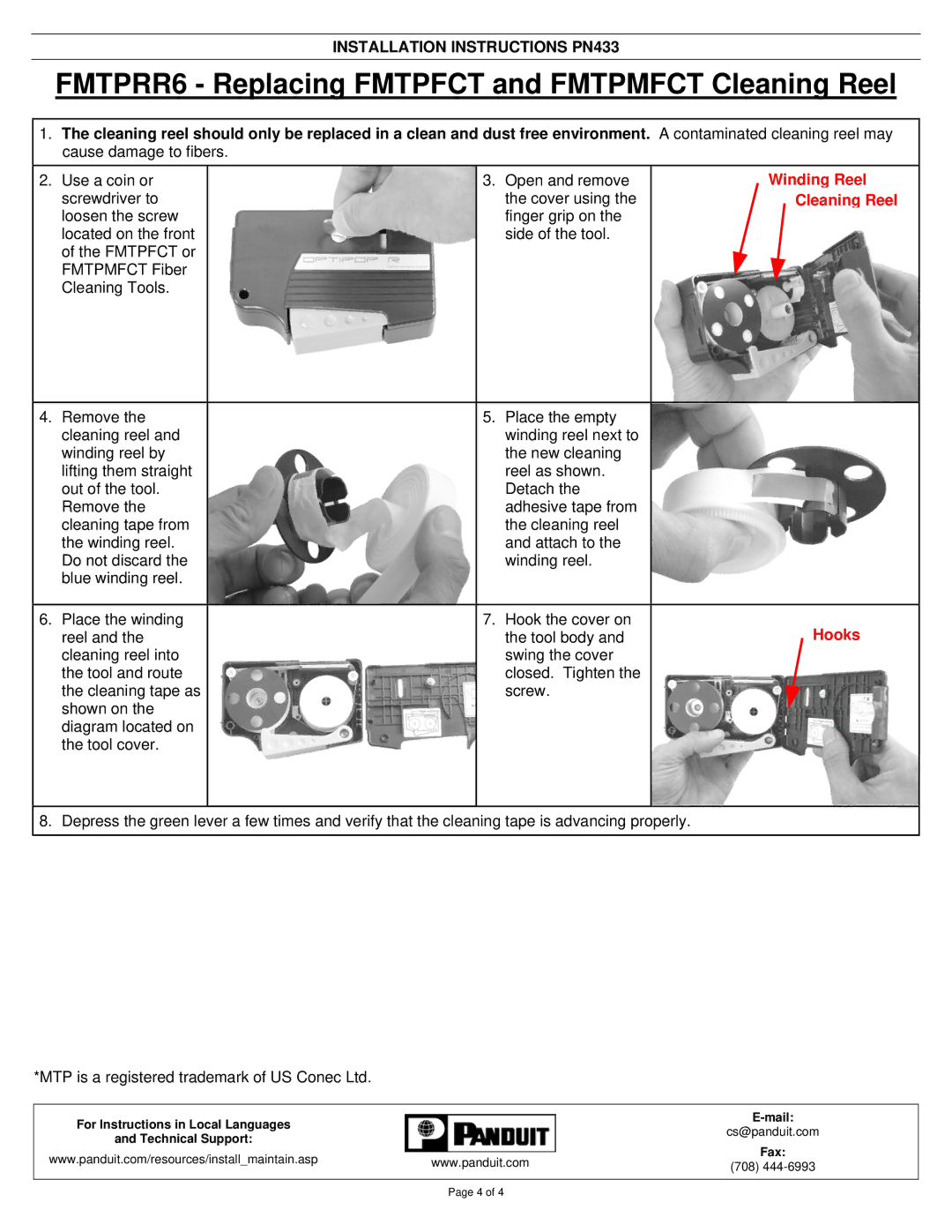 Panduit PN433 manual FMTPRR6 Replacing Fmtpfct and Fmtpmfct Cleaning Reel, Winding Reel Cleaning Reel Hooks 