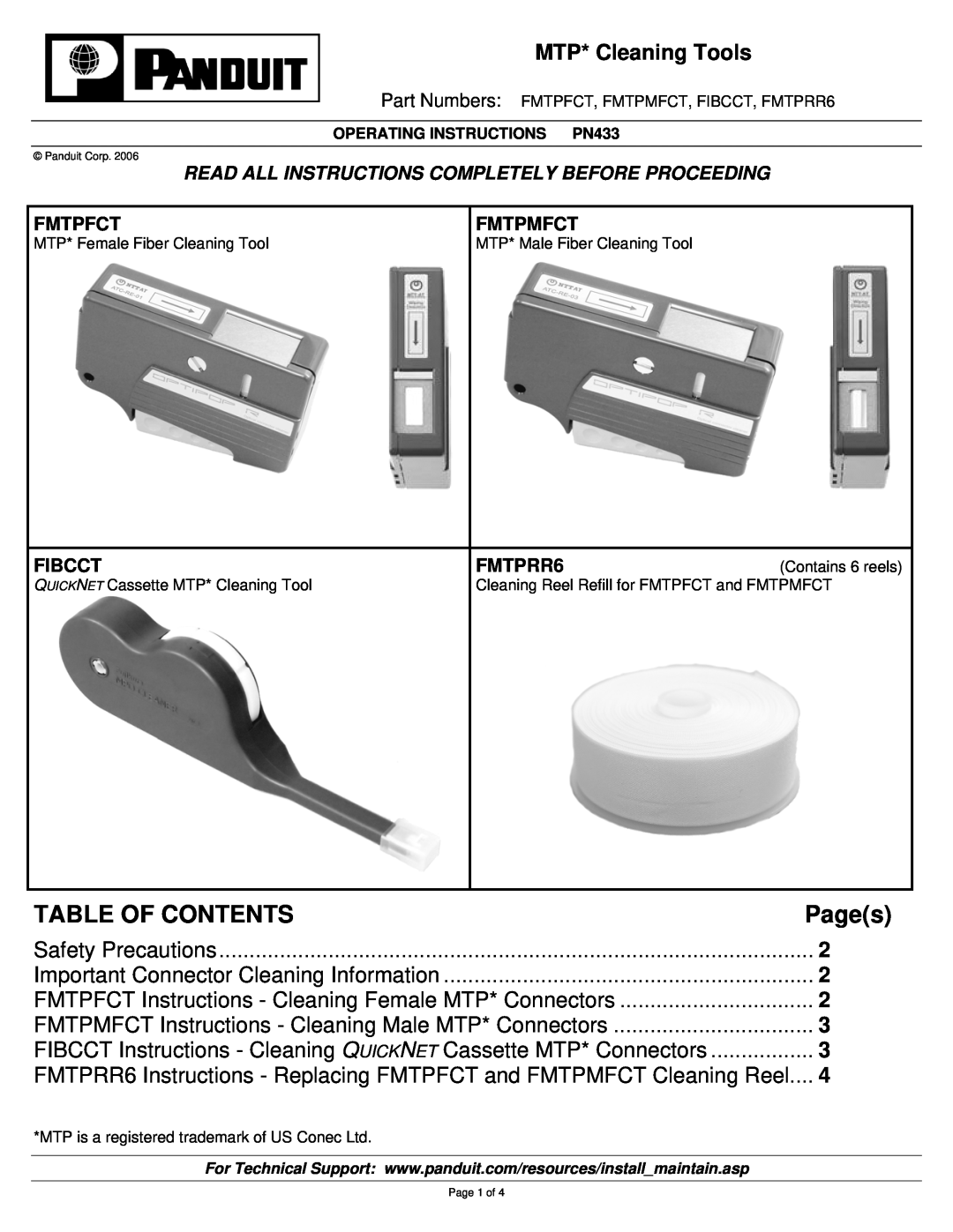 Panduit PN433 manual Table Of Contents, Pages, MTP* Cleaning Tools 