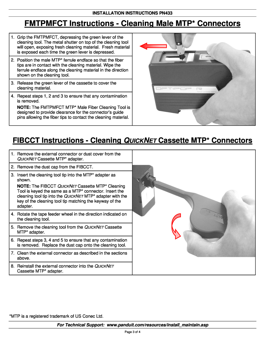 Panduit manual FMTPMFCT Instructions - Cleaning Male MTP* Connectors, INSTALLATION INSTRUCTIONS PN433 