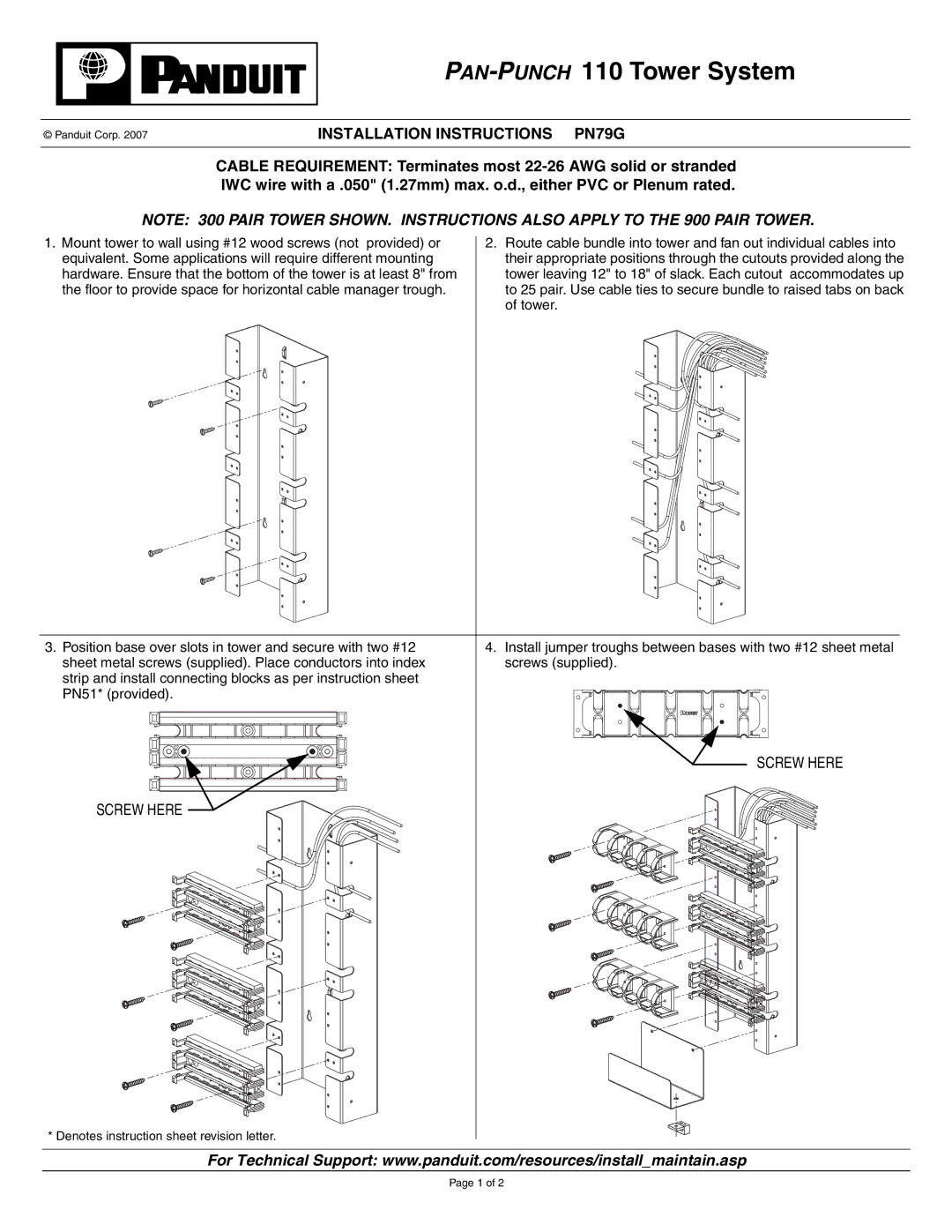 Panduit installation instructions PAN-PUNCH110 Tower System, Installation Instructions PN79G, Screw Here 