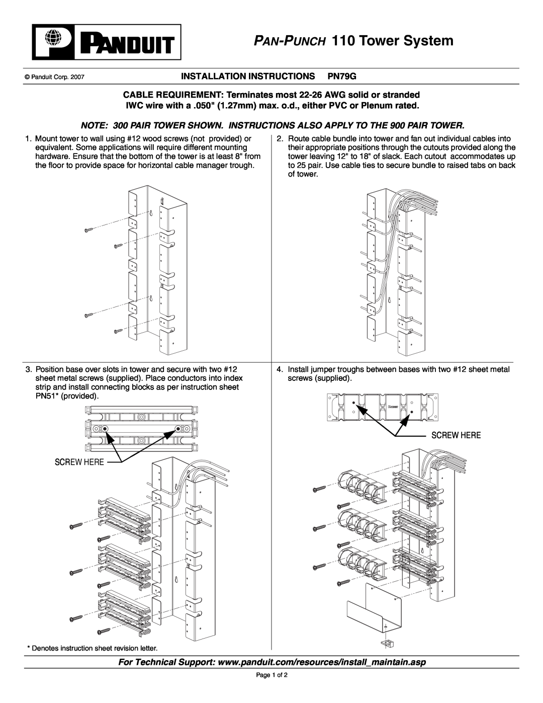 Panduit installation instructions INSTALLATION INSTRUCTIONS PN79G, Screw Here Screw Here, PAN-PUNCH 110 Tower System 