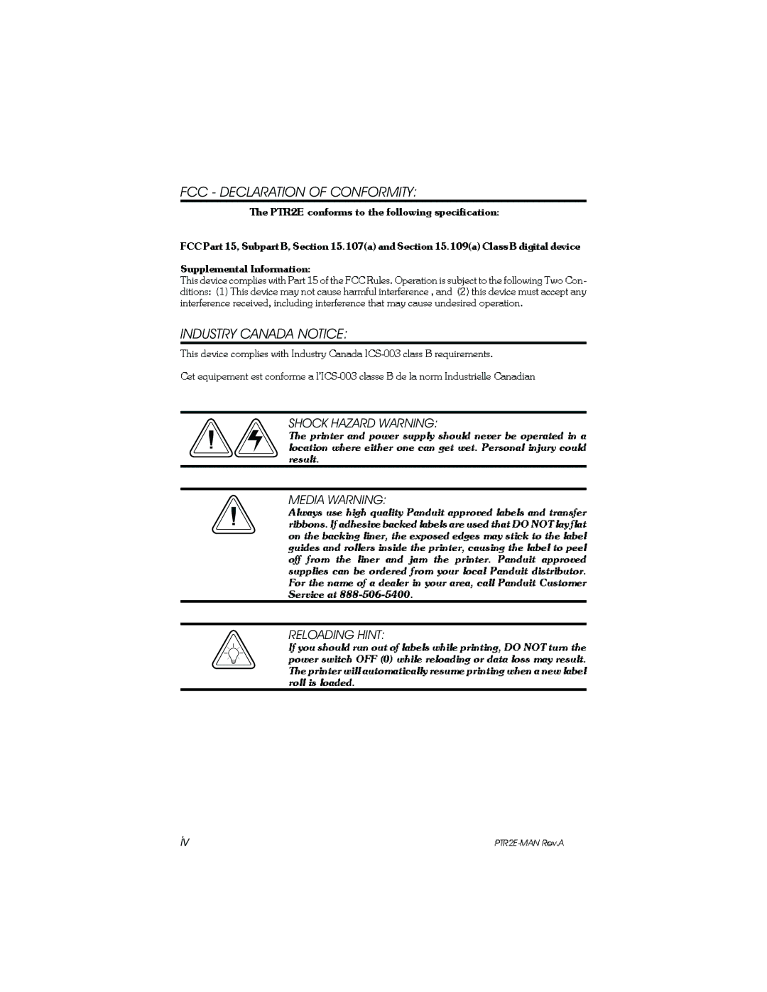 Panduit PTR2E user manual CC Declara on of Conformity Industry Canada Notice 