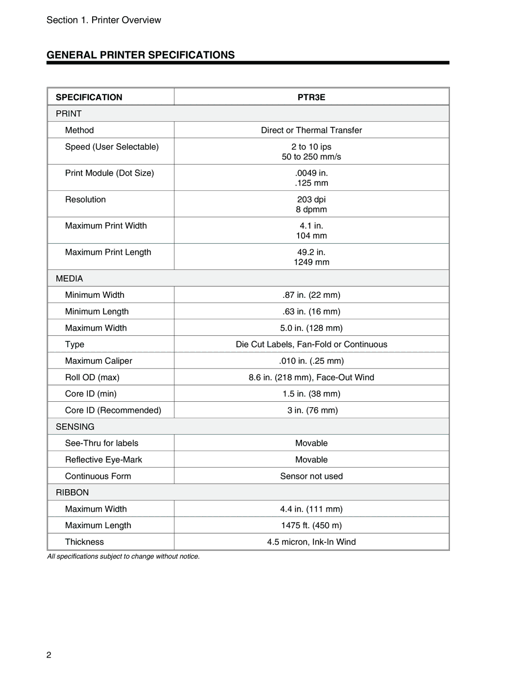 Panduit manual General Printer Specifications, Specification PTR3E 