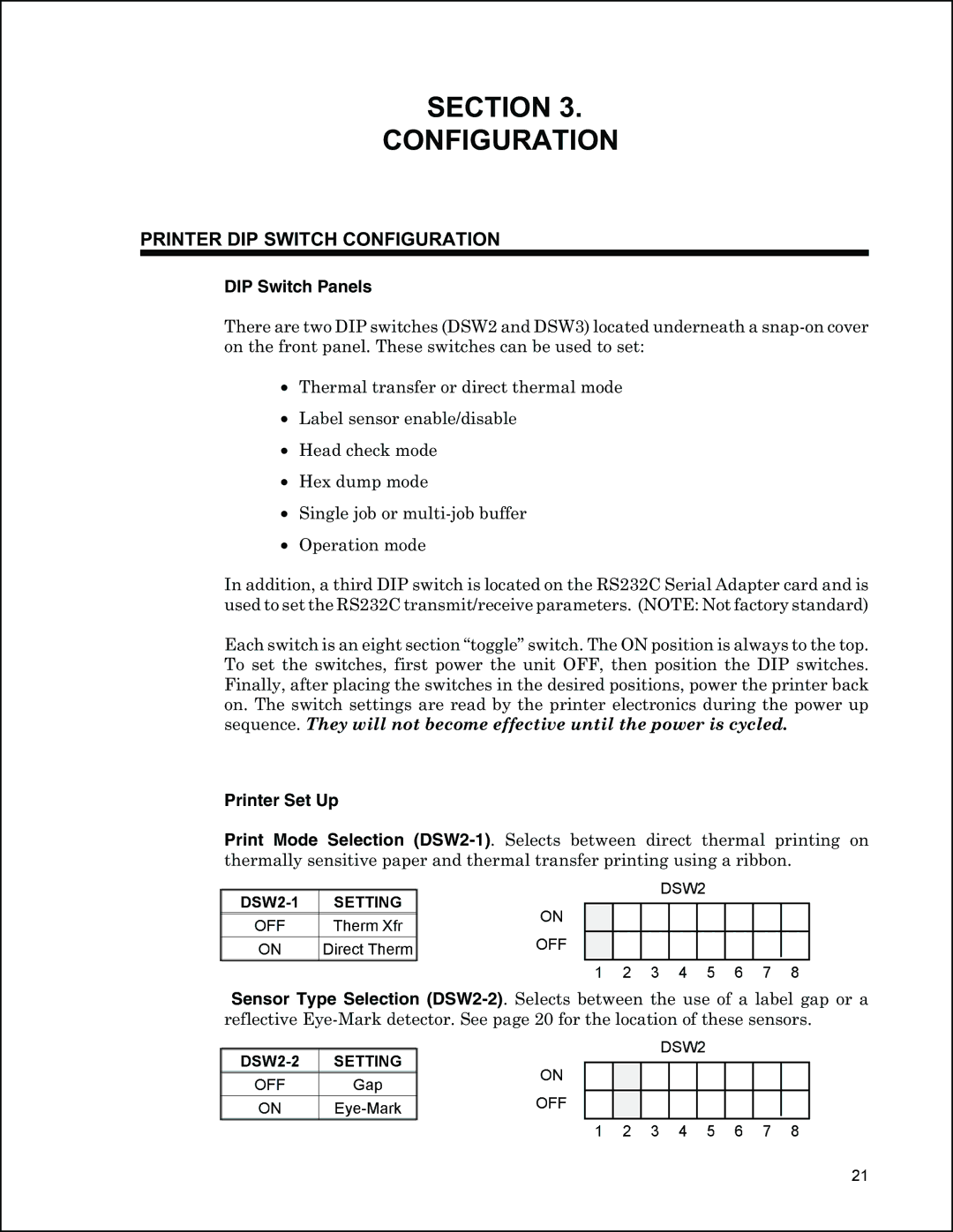 Panduit PTR3E manual DIP Switch Panels, Printer Set Up 