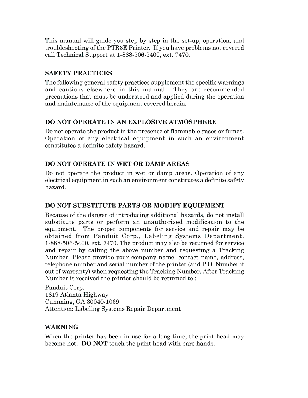 Panduit PTR3E manual Safety Practices 