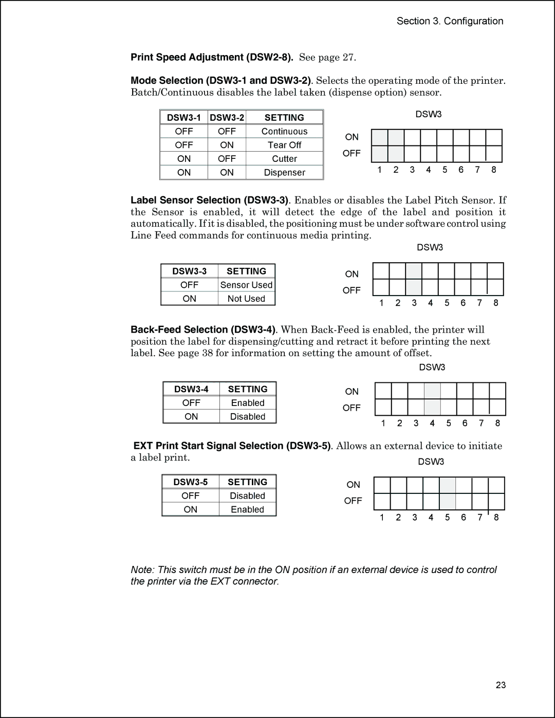 Panduit PTR3E manual Print Speed Adjustment DSW2-8 . See, Mode Selection 