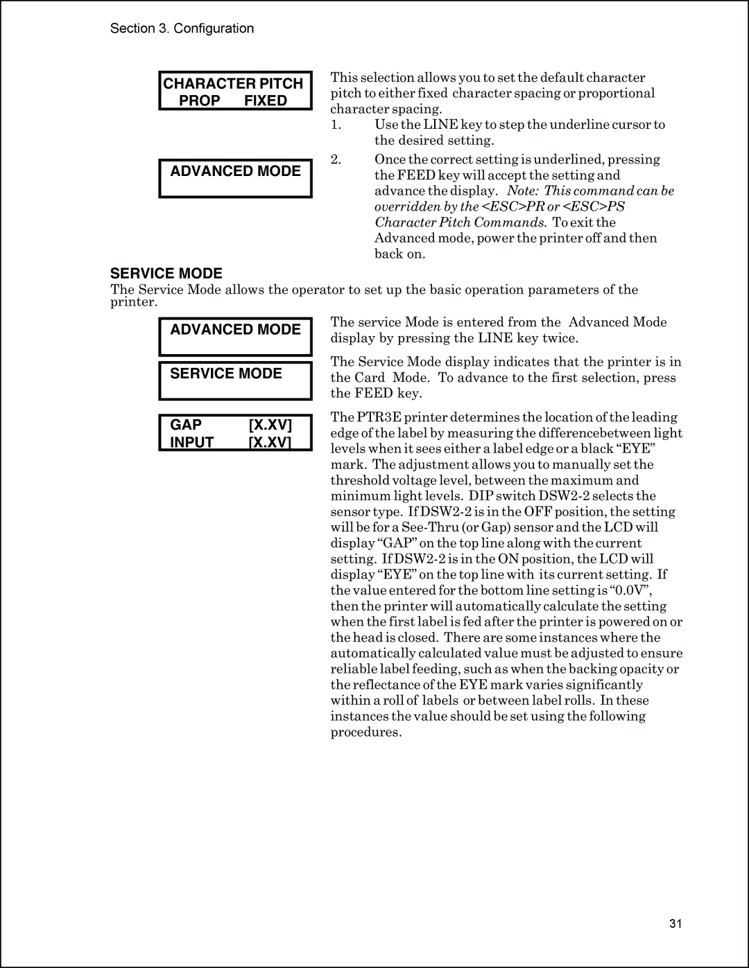 Panduit PTR3E manual Character Pitch Prop Fixed Advanced Mode, Advanced Mode Service Mode, GAP Input 