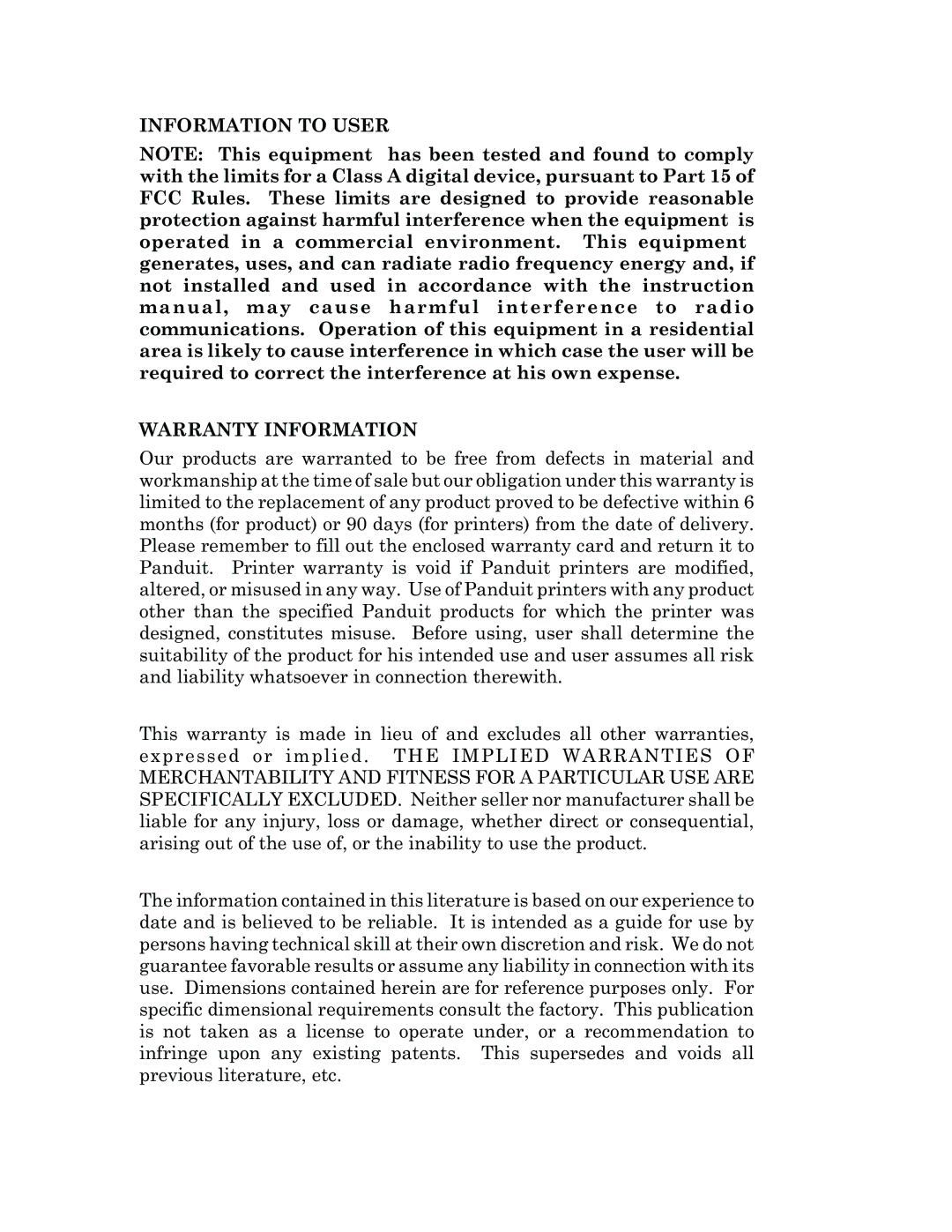 Panduit PTR3E manual Information to User Warranty Information 