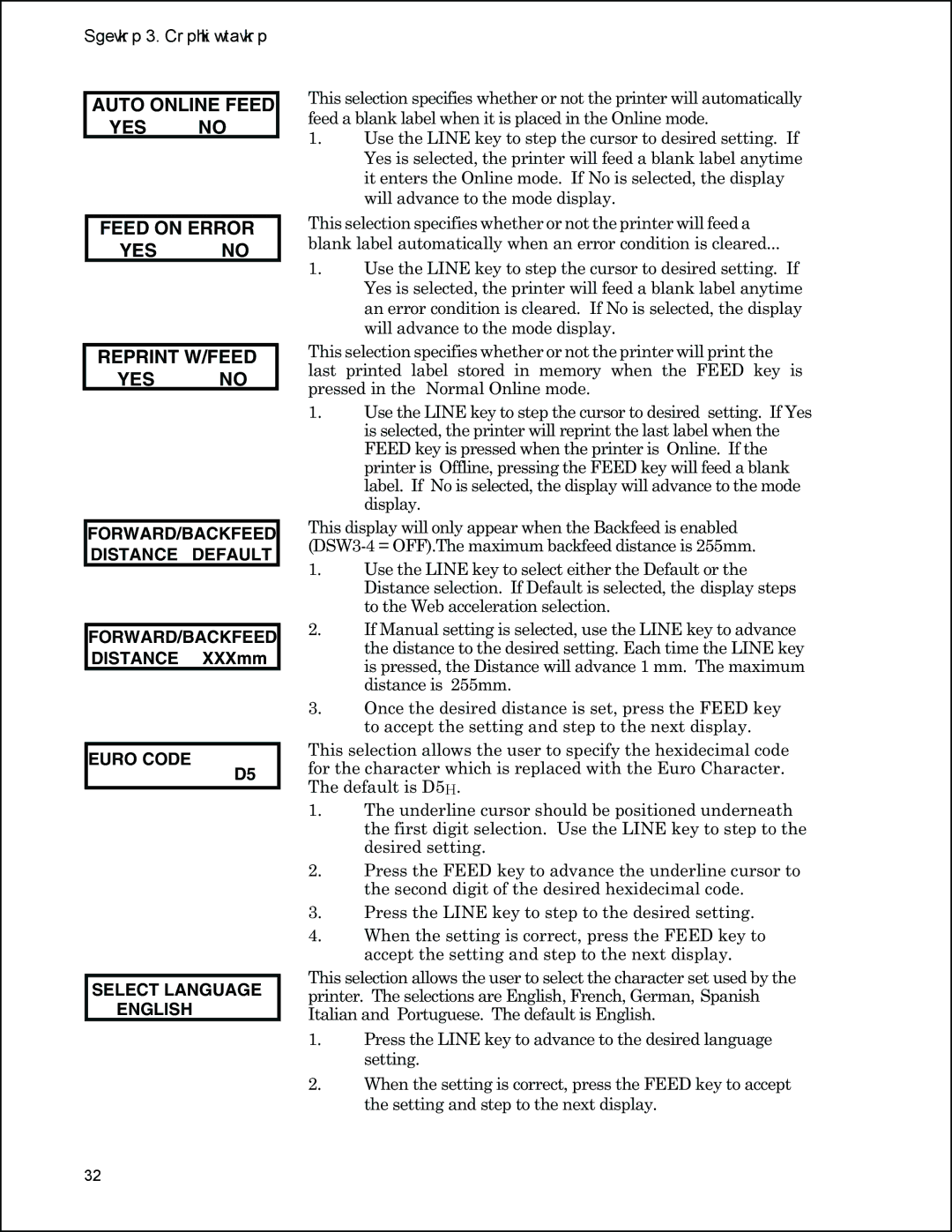 Panduit PTR3E manual Auto Online Feed YES no Feed on Error Reprint W/FEED, FORWARD/BACKFEED Distance Default 